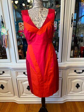 Karen Millen Red Orange Burgundy ColorBlock Midi Dress Exposed Zipper US8 fits 6